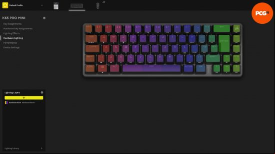 Screenshot of the Corsair iCue software, with the K65 Pro Mini keyboard connected.