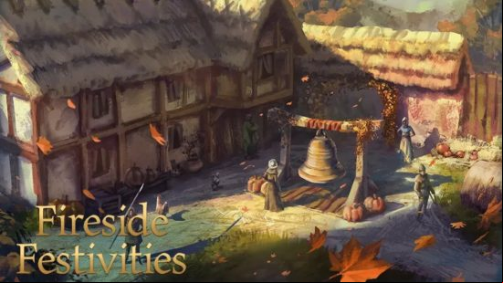 Age of Empires 4 update - Several villagers gather around a large town bell for the Fireside Festivities event.