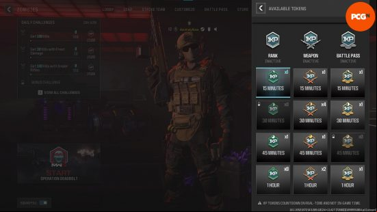 An in-game screen showing all of the player's MW3 Double Player XP tokens, Double Weapon Tokens, and Battle  Tokens.