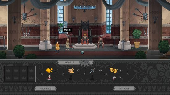 Best political games: a king sitting on the throne with an adviser to the side. He is listening to the peasant's request in Yes, Your Grace.