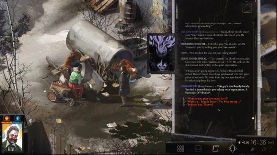 Games like BG3: a drunk or hungover cop is talking to a person near a caravan in Disco Elysium.