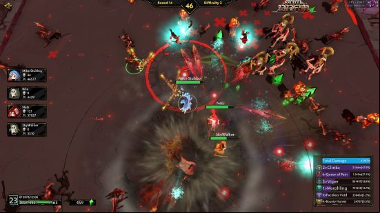 A team of Dota 2 heroes fighting waves of monsters on a black background