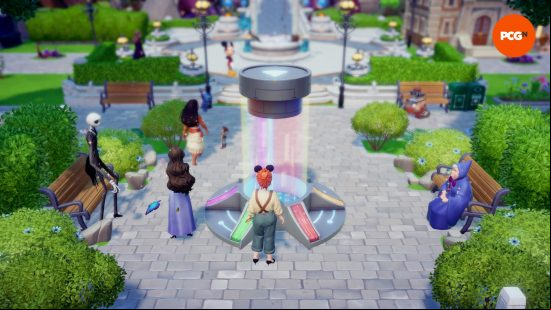 The Dreamlight Valley multiplayer Village Visit Machine sits in the middle of the Plaza as characters gather round it.