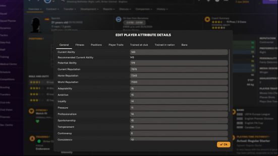 in game editor player view, editing Ansu Fati of Brighton