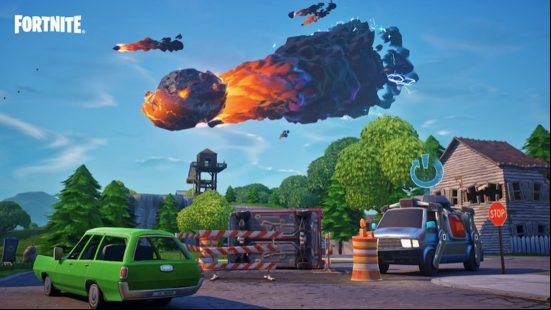 A meteor flies over the Fortnite OG map