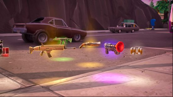 Weapons scattered on the ground at Tilted Towers