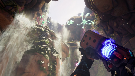 A first-person player character holds an electronically-powered weapon to the sky, as alien flora surrounds them in Journey to the Savage Planet, one of the best games like Starfield.