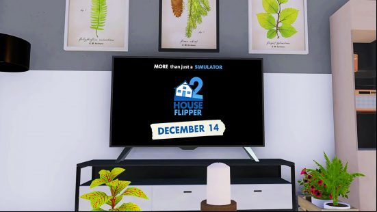 The House Flipper 2 release date appears on a TV screen in a renovated, in-game lounge.