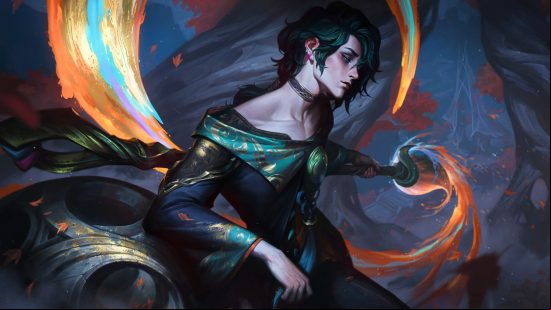League of Legends Hwei the Visionary - A pale man with dark green hair in a long robe, holding a large paintbrush.