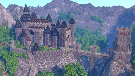 a large Minecraft castle over a valley, with a bridge connected the main building to a watch tower.