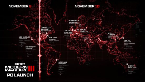 MW3 release time: a map of the world with various cities highlighted.