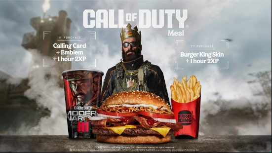MW3 Burger King: a man wearing a crown, a burger, drinks and some fries.