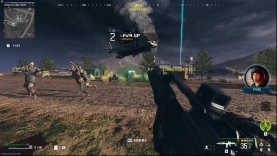 MW3 review: a helicopter lands in a field full of zombies.
