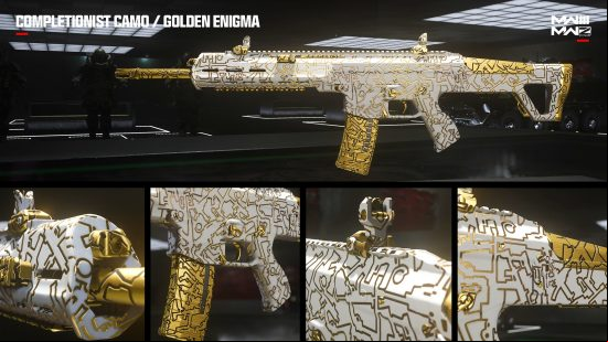 Five different views of the MWZ Golden Enigma camo in MW3.