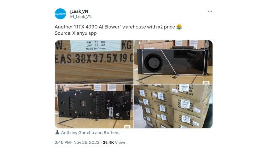 Nvidia GeForce RTX 4090 AI graphics cards China ban: a tweet from @I_Leak_VN showing makeshift AI GPUs at a factory.