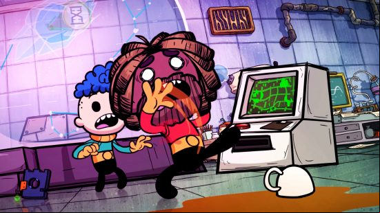 Oxygen Not Included Packed Snacks update - A duplicant slips on a puddle of spilt tea on a laboratory floor, as another watches on in shock.