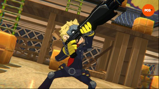 Persona 5 Tactica - Ryuji is holding his shotgun in the air, as an enemy is falling. He's standing in a feudal Japanese town.
