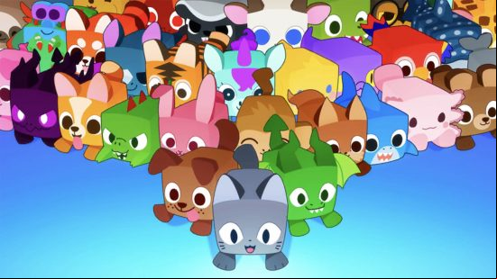 Best Roblox games: a bunch of very colorful, very cute pets run in formation.