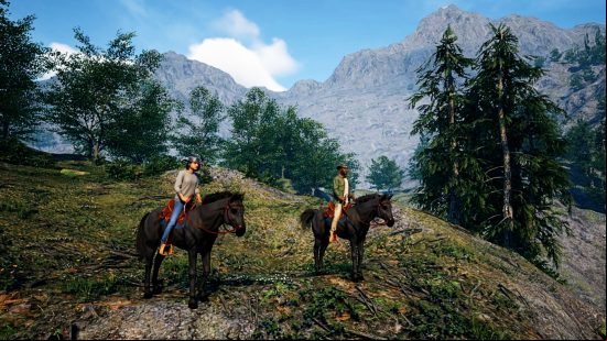 Ranch Simulator launches on Steam - Two people on horseback stand looking out over rolling hills and mountains.