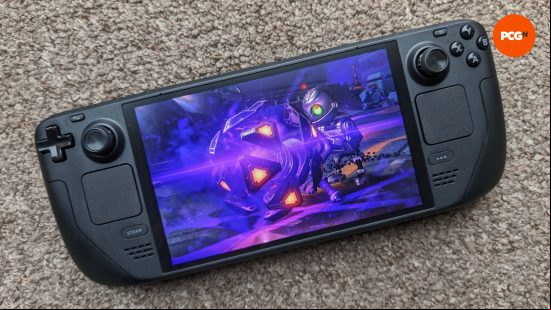 The Steam Deck OLED with a screenshot of Ratchet & Clank: Rift Apart on its display