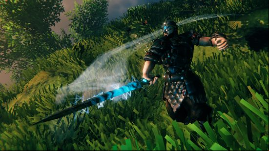 Valheim Ashlands update - A warrior swings a longsword, its base glowing vibrant blue.