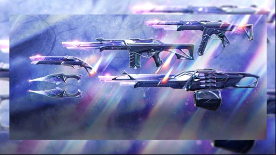 The pretty Sentinels of Light Valorant skins set on a purple and pink backdrop.