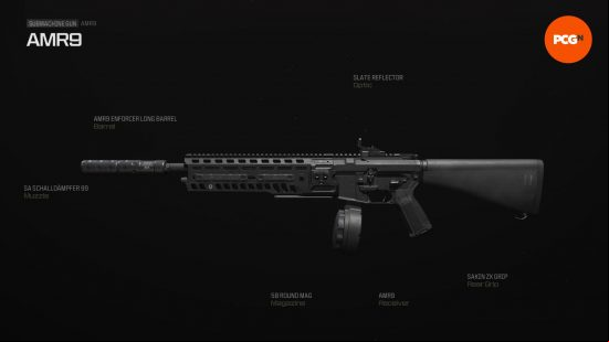 Best AMR9 loadout: a small, black gun with a long thin barrel and drum magazine.