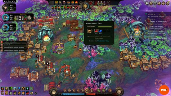 A late-game town in Against the Storm with the Reputation meter (bottom centre left) far outweighing the Queen's Impatience meter (bottom centre right).