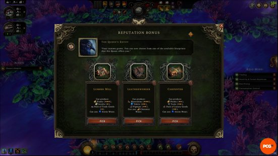 Choosing a new randomized Reputation bonus in Against the Storm.