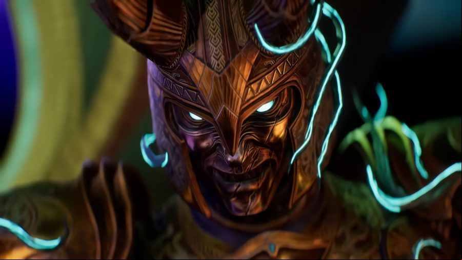 Close-up of a heavily-armored warrior from Asgard's Wrath 2.