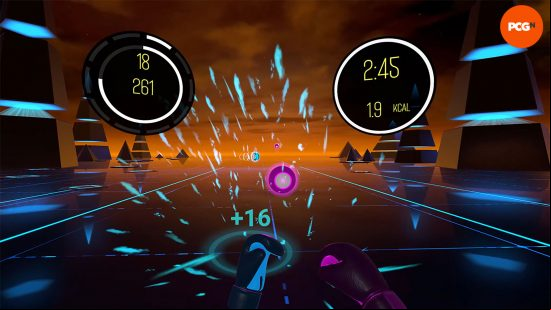 A screenshot showing a techno landscape in BOXVR, score screens either side, and notes approaching the player to hit.