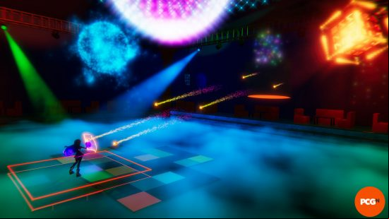 A wide screenshot showing an anime avatar fending off fire balls in HoloDance VR
