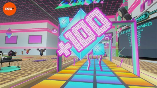 A screenshot showing a player squatting low and gaining 100 points in Hot Squat 2: New Glory