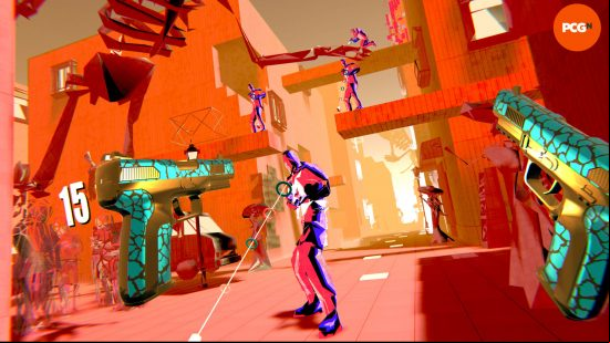 A busy screenshot showing numerous enemies firing shots for the player to dodge and counter in Pistol Whip VR.
