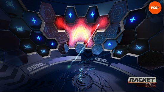 A wide screenshot showing a player rallying a ball against hexagonal sections of a breakable wall in Racket NX.