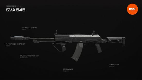 Best SVA 545 loadout: a mahcine gun with a large suppressor attach to the barrel.