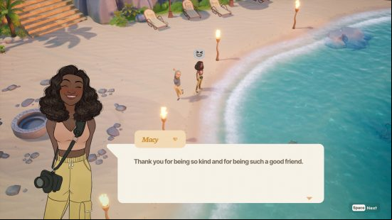 Two women stand on a beach, one thanks the other for their ongoing friendship