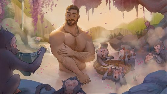 Mark, from dating sim Coral Island, stands in the hot springs surrounded by cute monkeys.