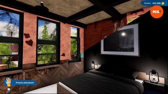 A half and half image of a run down space and the new, painted and furnished design after renovation in House Flipper 2.
