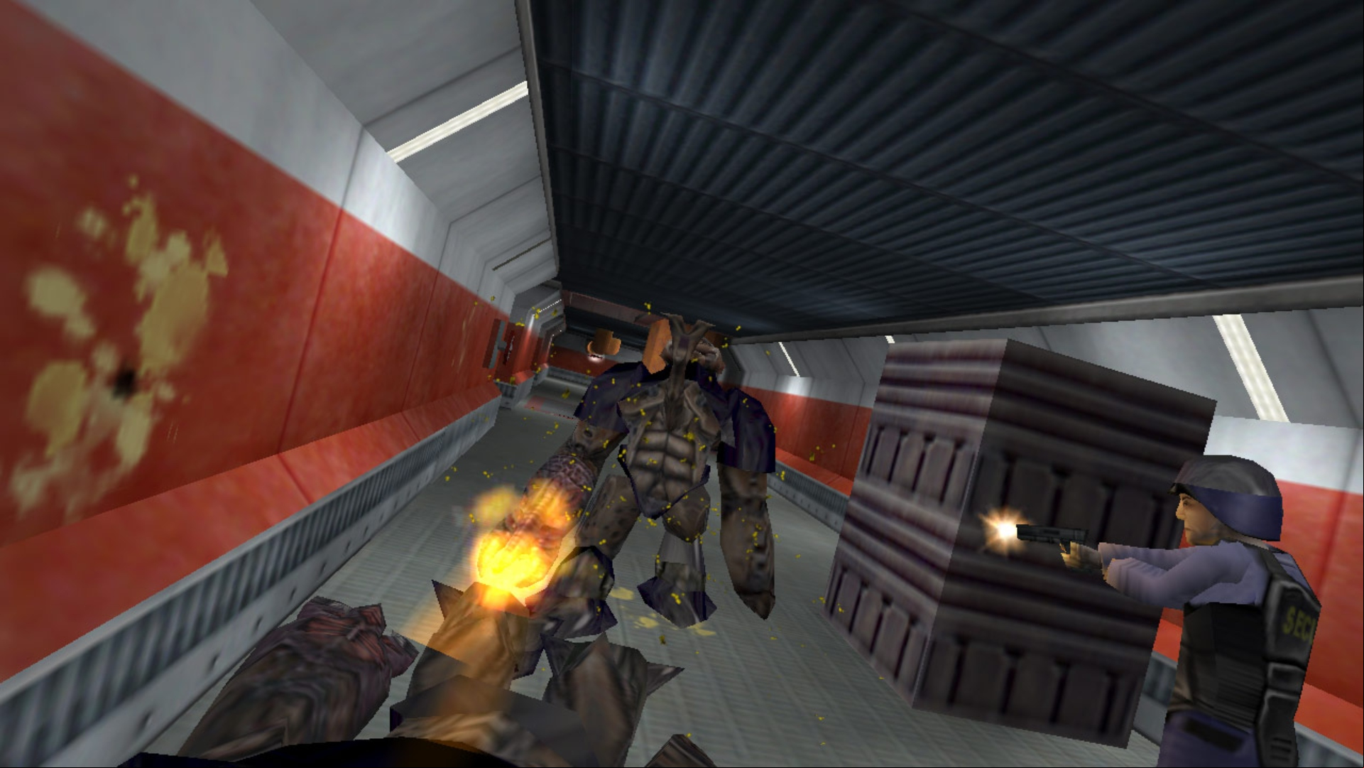 Half-Life retrospective: Guards shooting at alien enemies in Valve FPS game Half-Life