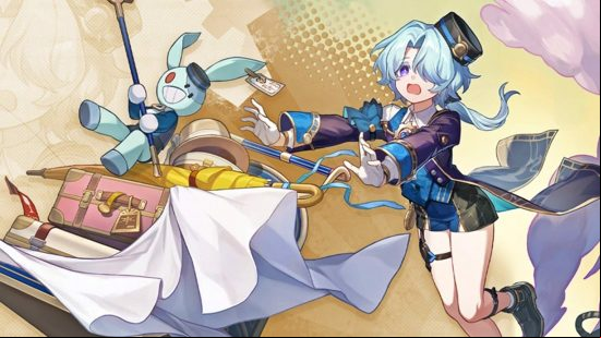 Misha, one of the Honkai Star Rail characters, pushes a trolley of suitcases in The Reverie Hotel.