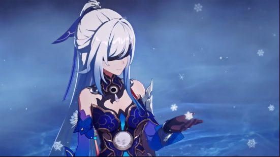 Jingliu, one of the best characters on our Honkai Star Rail tier list, holds a snowflake in the palm of her hand.