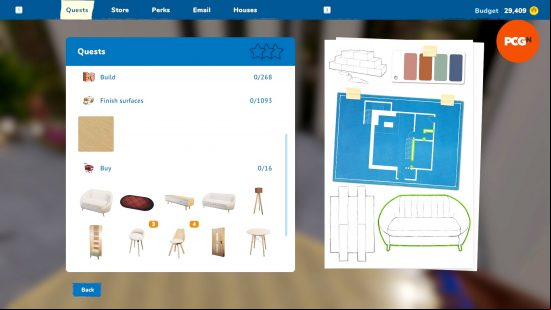 Some of the restrictive quests in House Flipper 2, including what to buy and which surface pattern to use.
