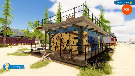 A run down old boathouse on the shore, in desperate need of renovation in House Flipper 2.