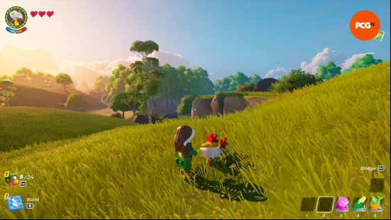 Lego Rogue is petting a chicken to get its Lego Fortnite animals item.
