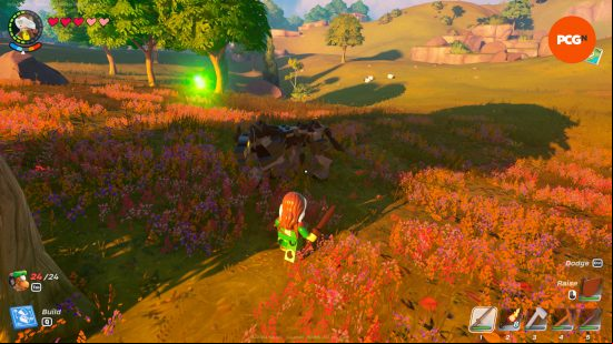 Lego Rogue is fighting against a wolf in a forest, which is one of the hostile Lego Fortnite animals. A butterfly glows nearby.