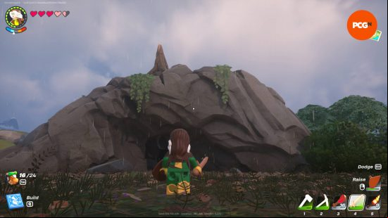 Lego Rogue is standing in front of a cave, where you can find Lego Fortnite knotroot.