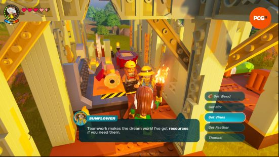 Lego Rogue is talking to Lego Sunflower in the Lego Fortnite village about foraging for items.