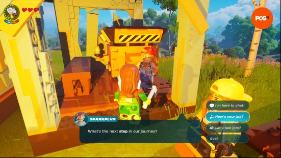 Lego Rogue is asg a new job to one of the Lego Fortnite villagers standing next to a stone cutter.