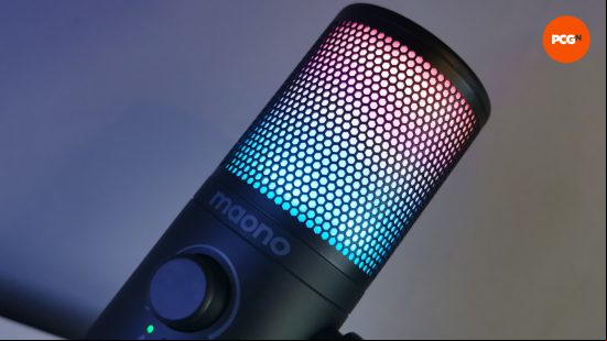 Images of the Maono DM30 RGB microphone.